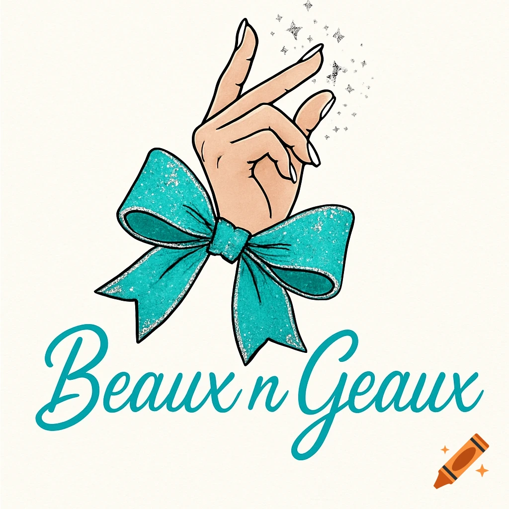Logo with hand, turquoise glitter bow, and text Beaux n Geaux.