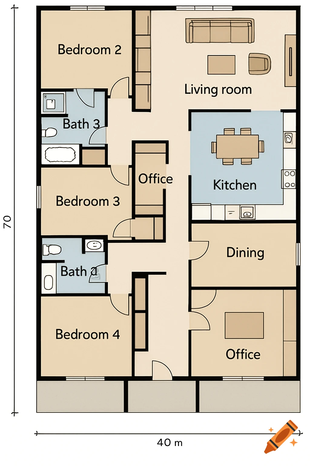 A detailed floor plan diagram of a house with multiple rooms labeled, including bedrooms, bathrooms, living room, kitchen, dining area, and offices.