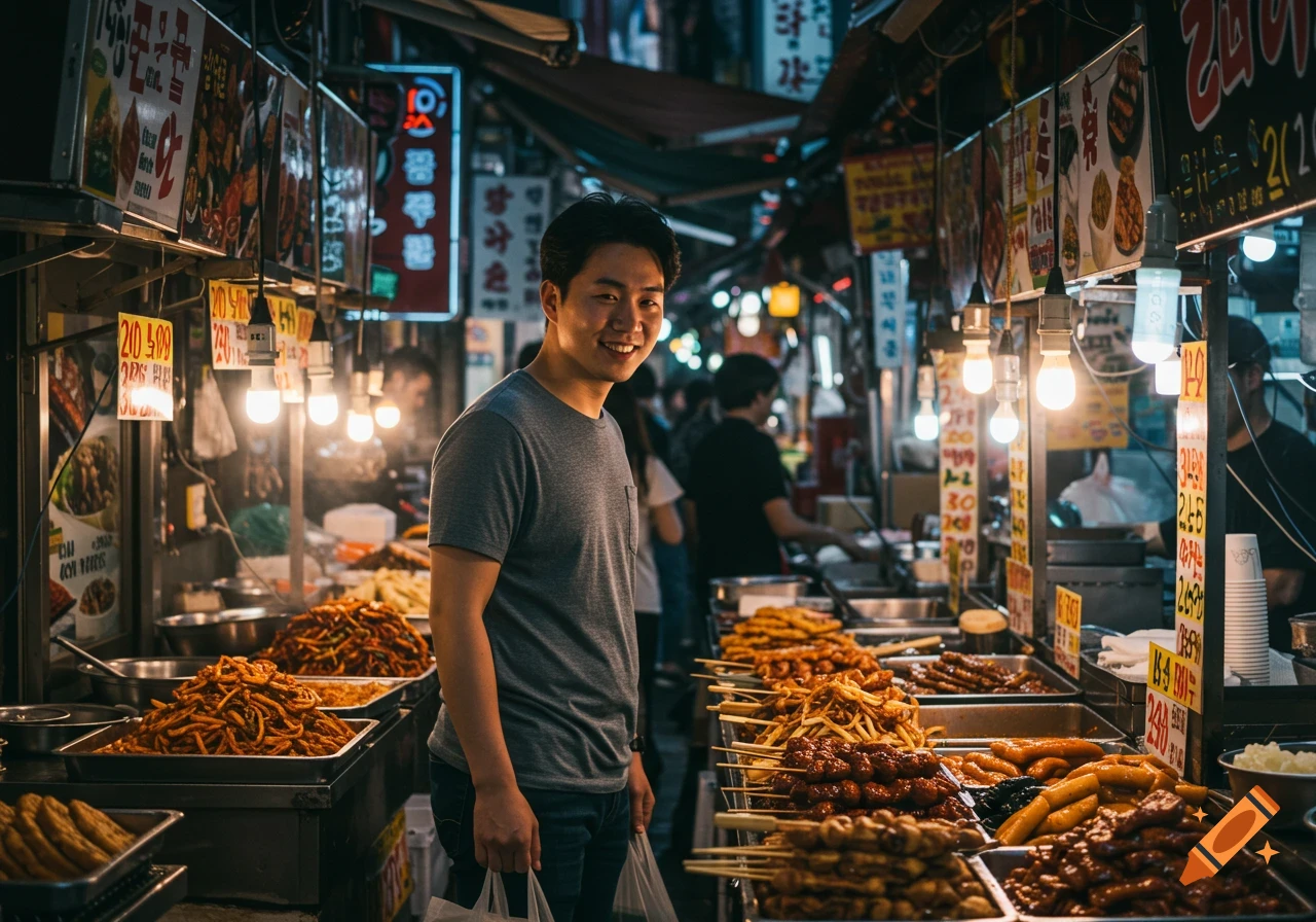 Person smiles in a bustling Korean street food market