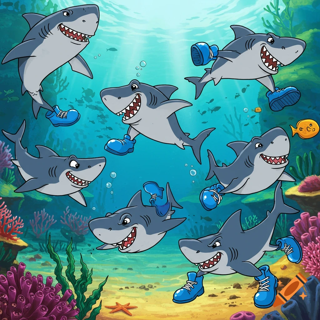Cartoon sharks swimming underwater wearing blue shoes
