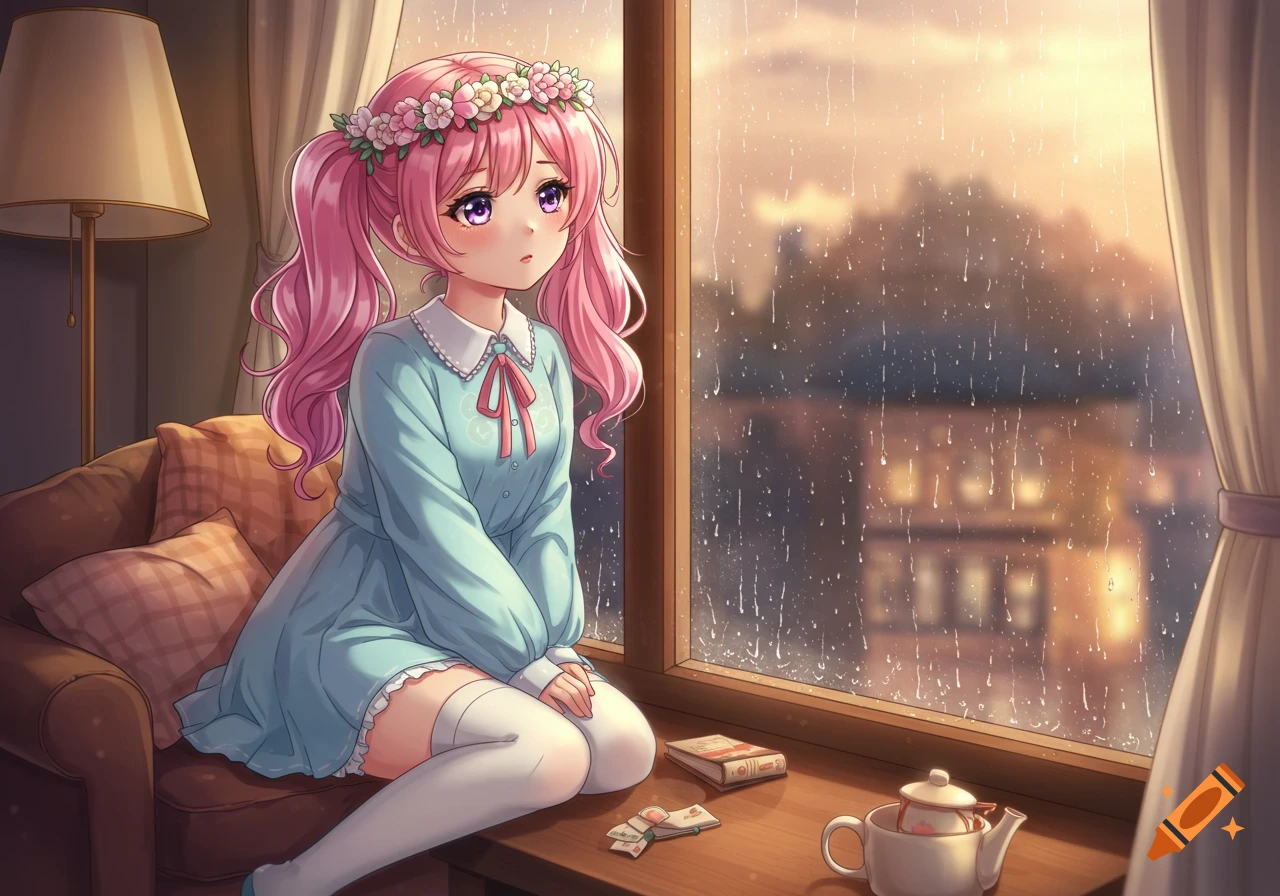 An anime girl with pink hair and a flower crown sits by a window, watching the rain.
