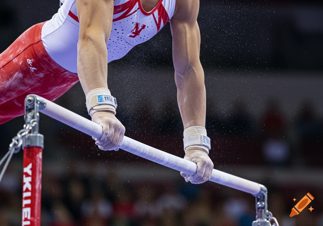 Close-up of a gymnast's hands gripping a horizontal bar with chalk dust