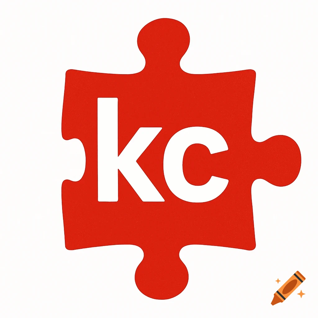 A red puzzle piece has the white letters kc printed on it.