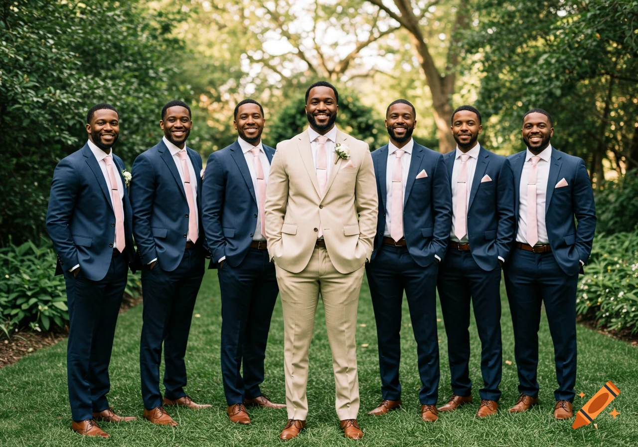 A groom in a tan suit with six groomsmen in navy suits and pink ties.