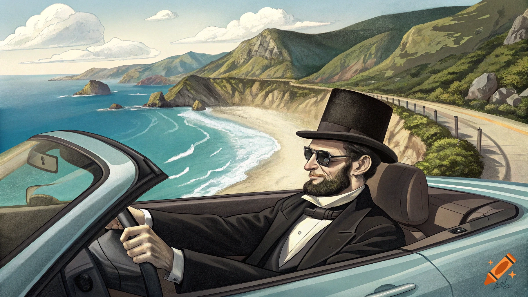 Illustrated Abraham Lincoln in sunglasses driving a convertible along a coastal highway.