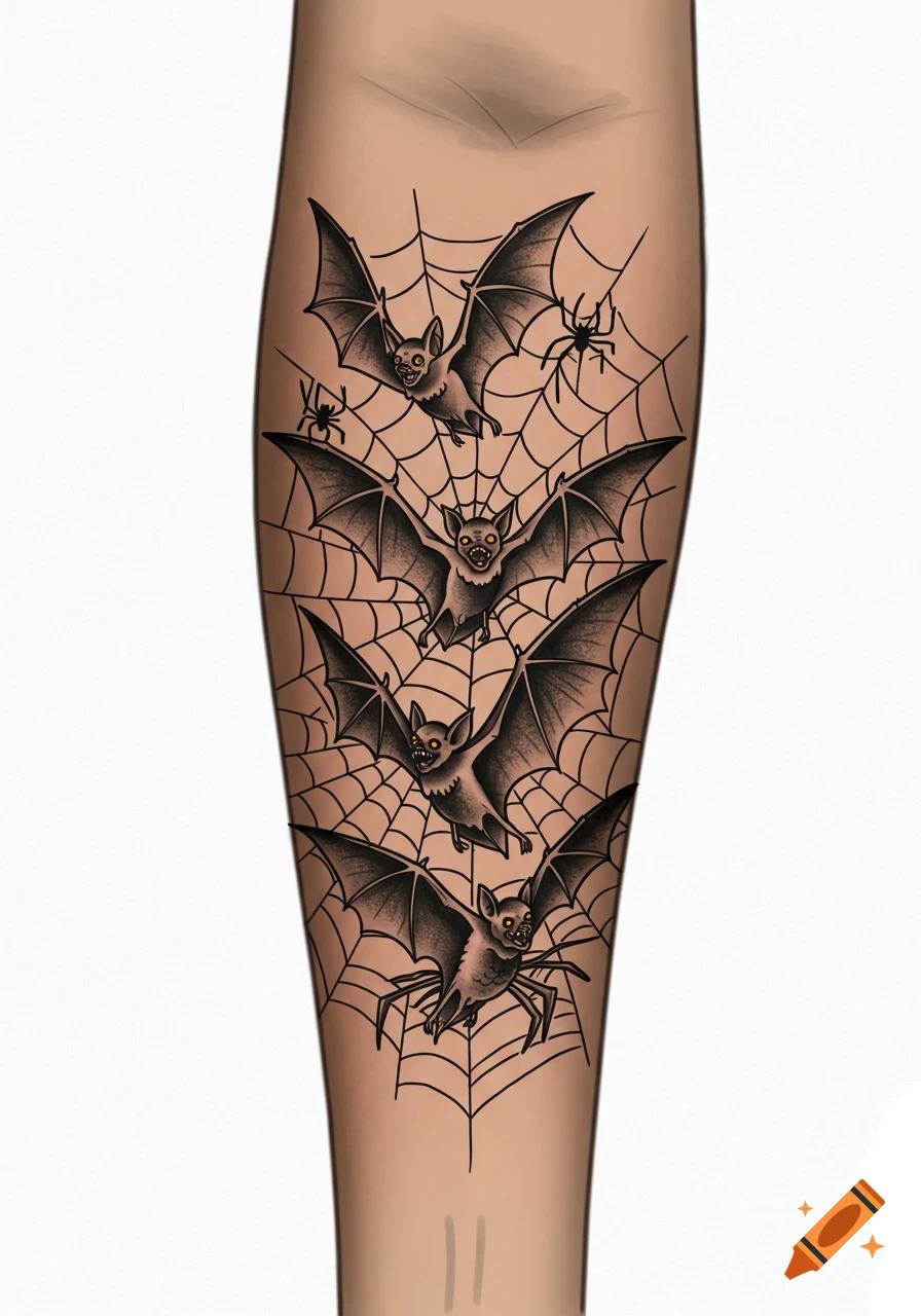 A black and grey Traditional style tattoo design featuring bats and a spiderweb on an arm.