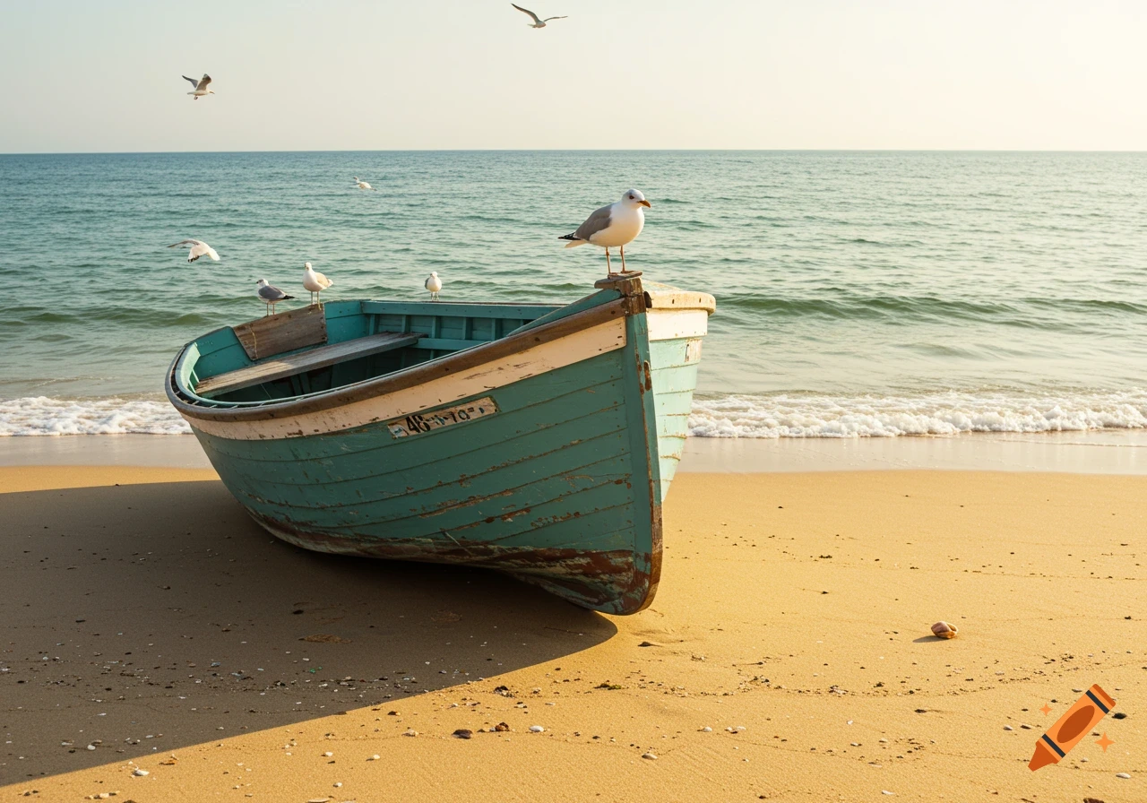 A teal rowboat sits on a sandy beach near the ocean with seagulls flying around. Photorealistic style.