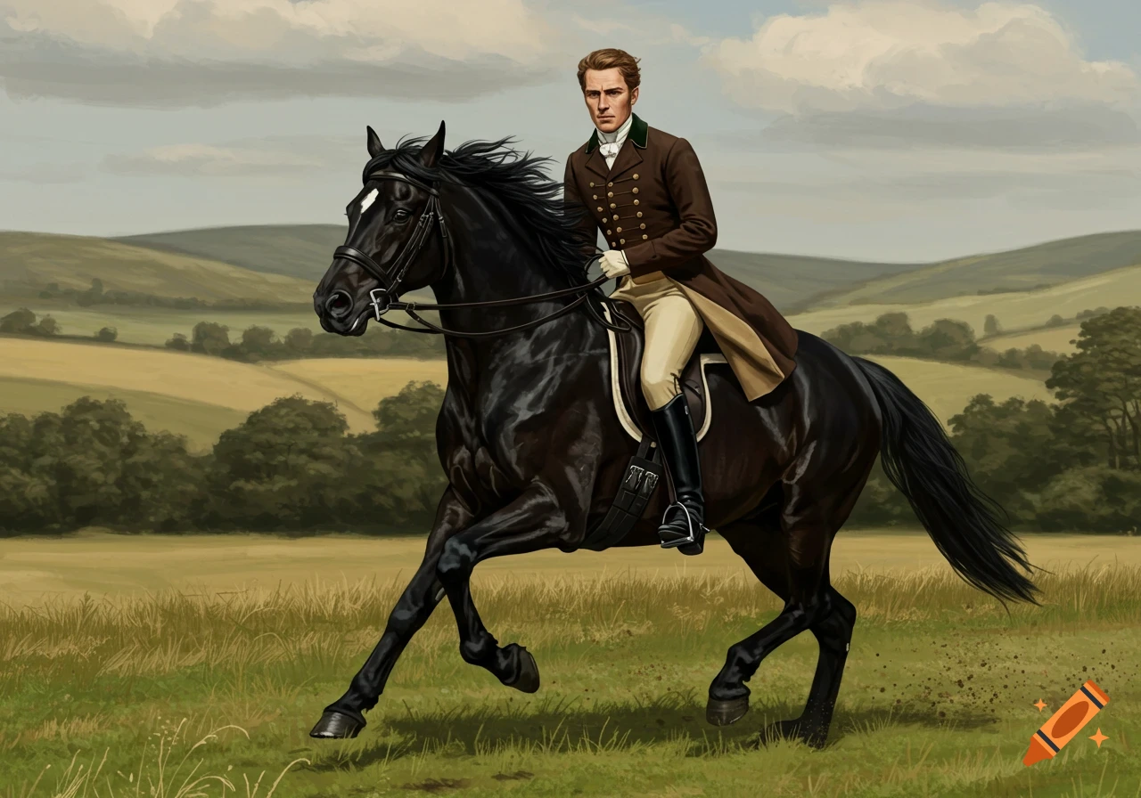 A man in Regency attire rides a black horse through a field.