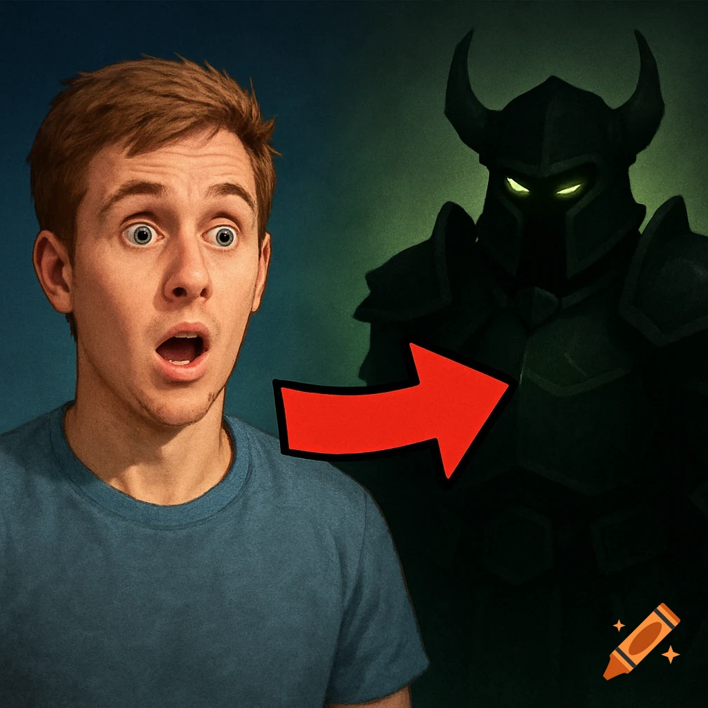 A surprised man reacts to a dark figure in horned armor, with a red arrow pointing to the figure.