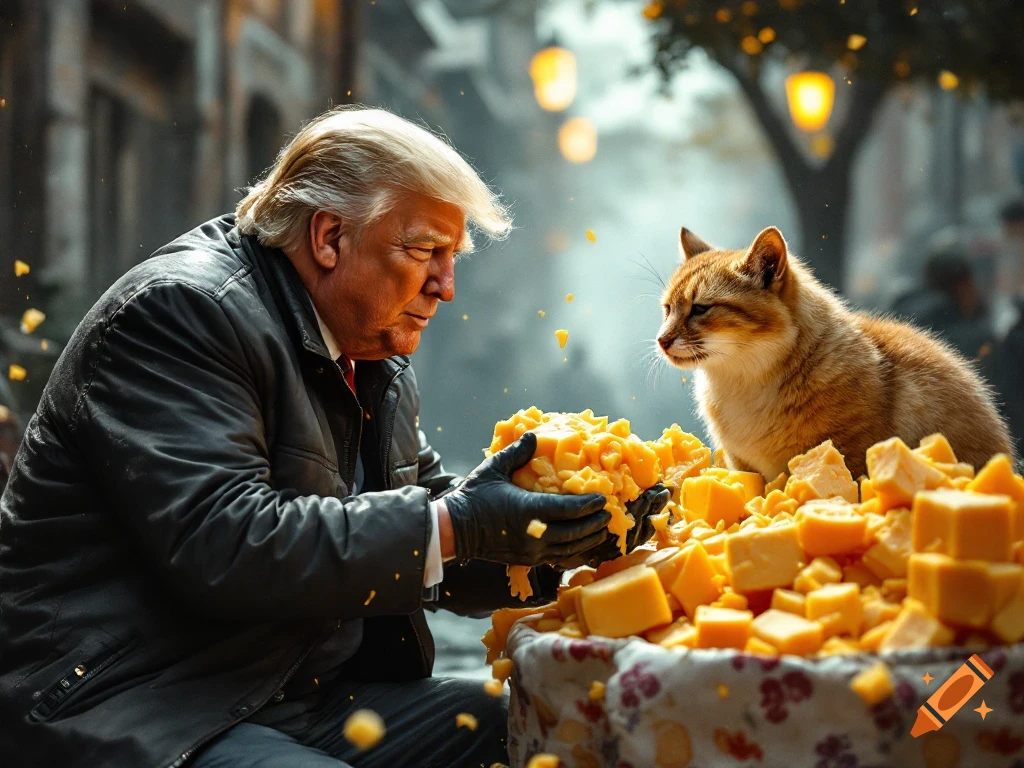 Donald Trump giving cheese to a cat outdoors, photorealistic style.