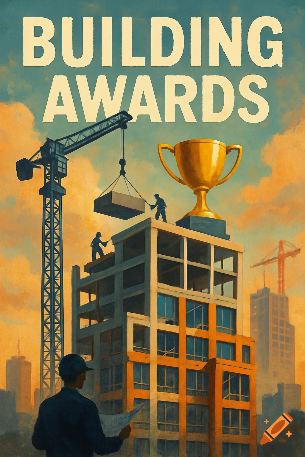 Illustration of a building under construction with workers, crane, trophy, and 'BUILDING AWARDS' text.