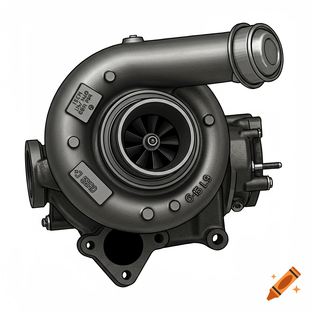 A technical illustration of a turbocharger in black, white, and gray.