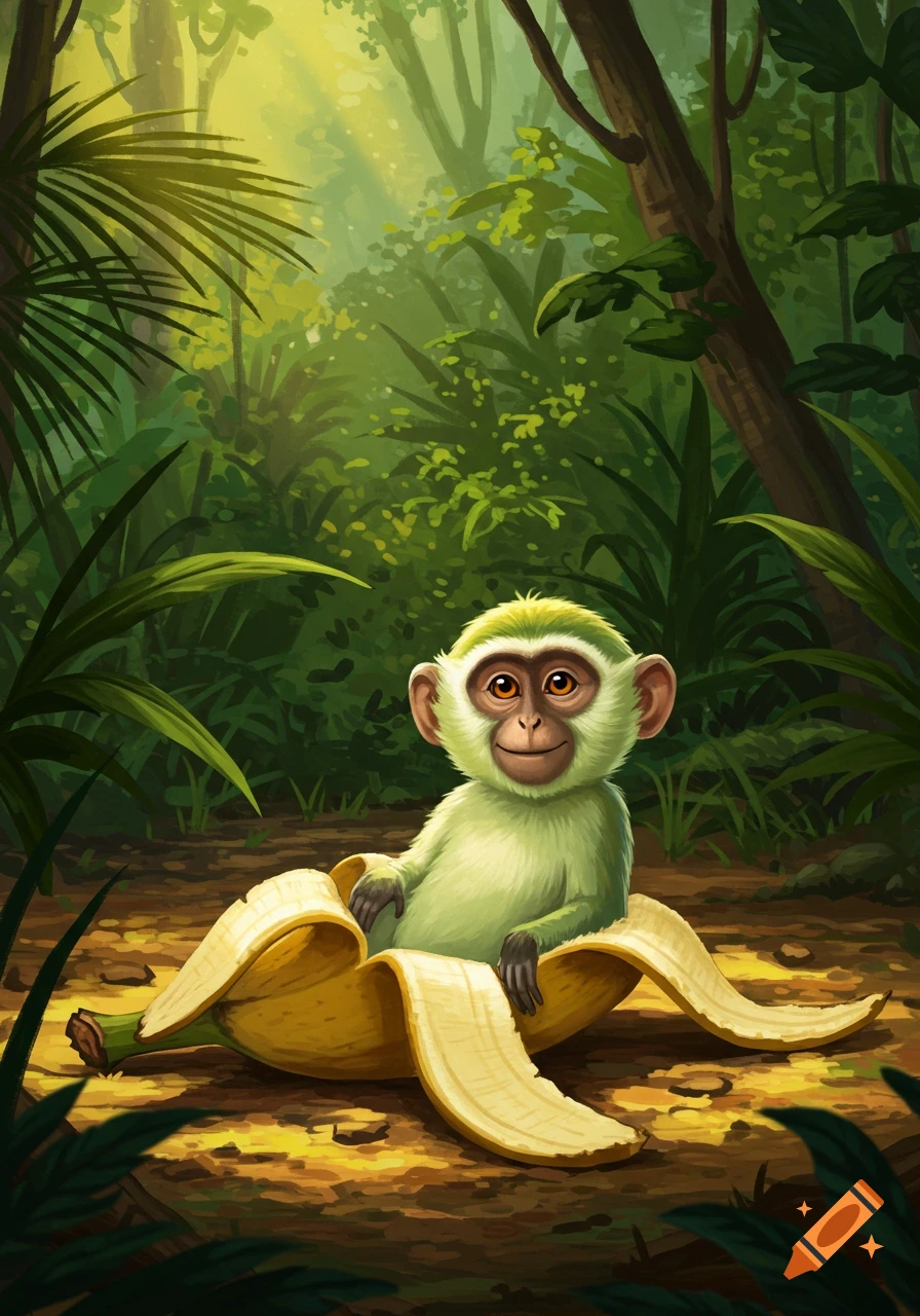 A cute green monkey sits inside a peeled banana in a sunny jungle illustration.