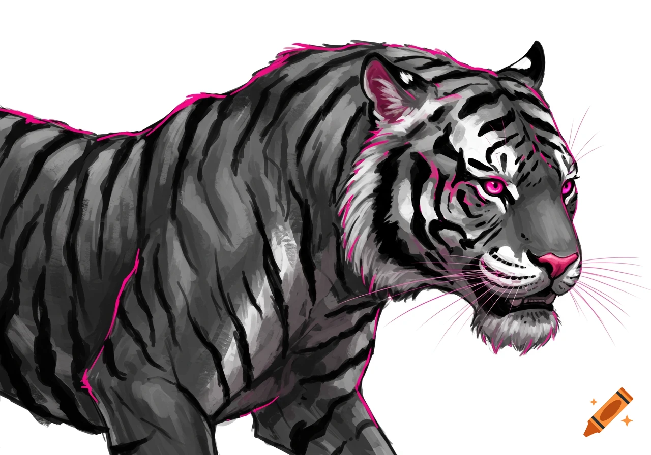 Stylized illustration of a tiger in black, white, and pink.