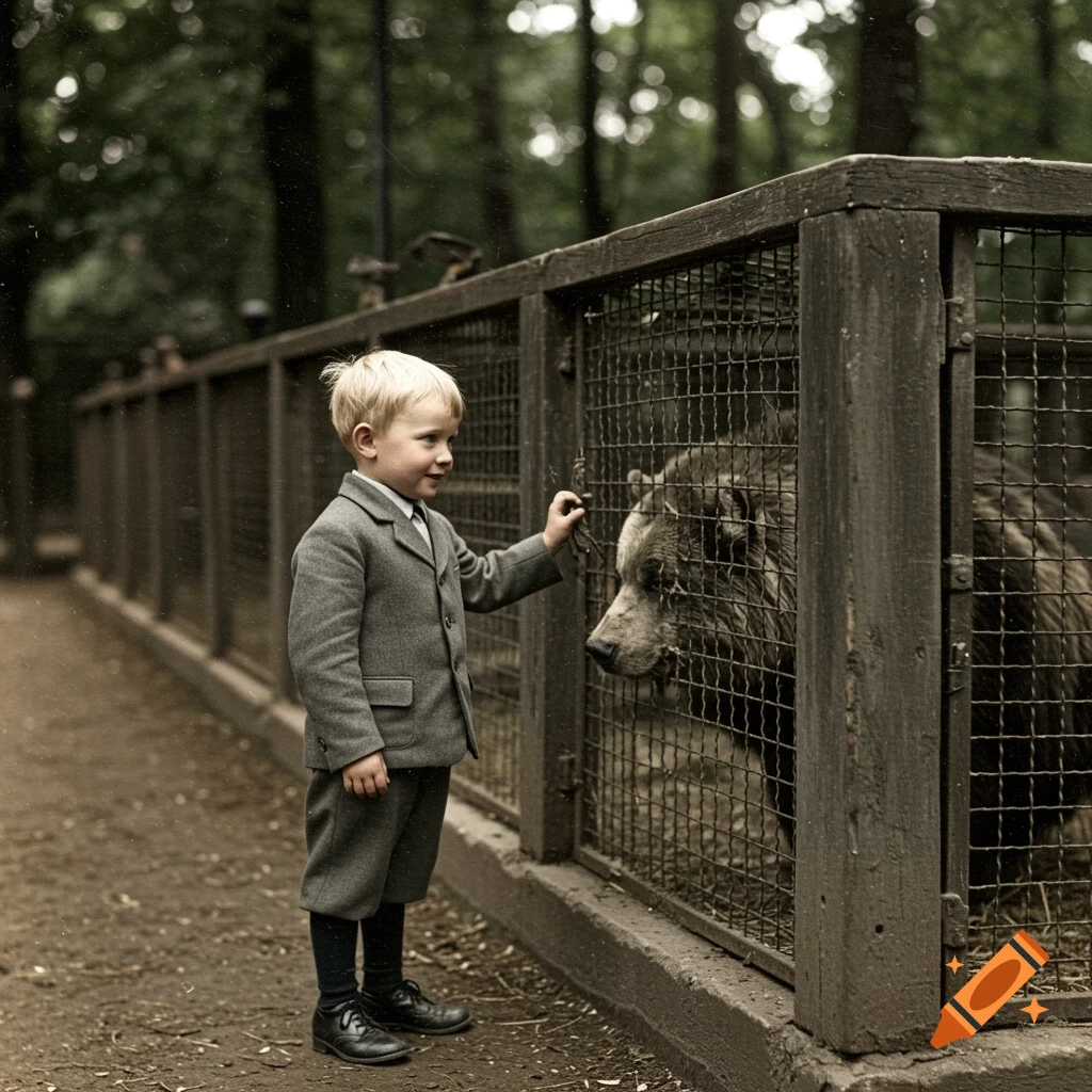 A blonde boy stands by a zoo enclosure, reaching towards a brown bear inside, in the style of a vintage photo.
