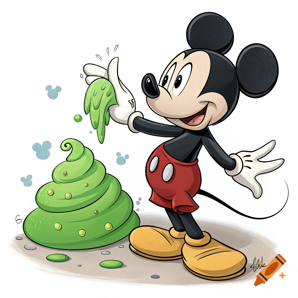 Mickey Mouse stands next to a large green spiral mound, holding green slime in his hand.