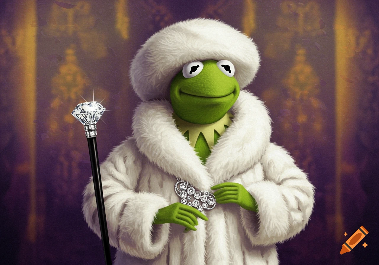 Kermit the Frog wearing a white fur coat and hat and holding a diamond  cane. on Craiyon, image size:1280x896