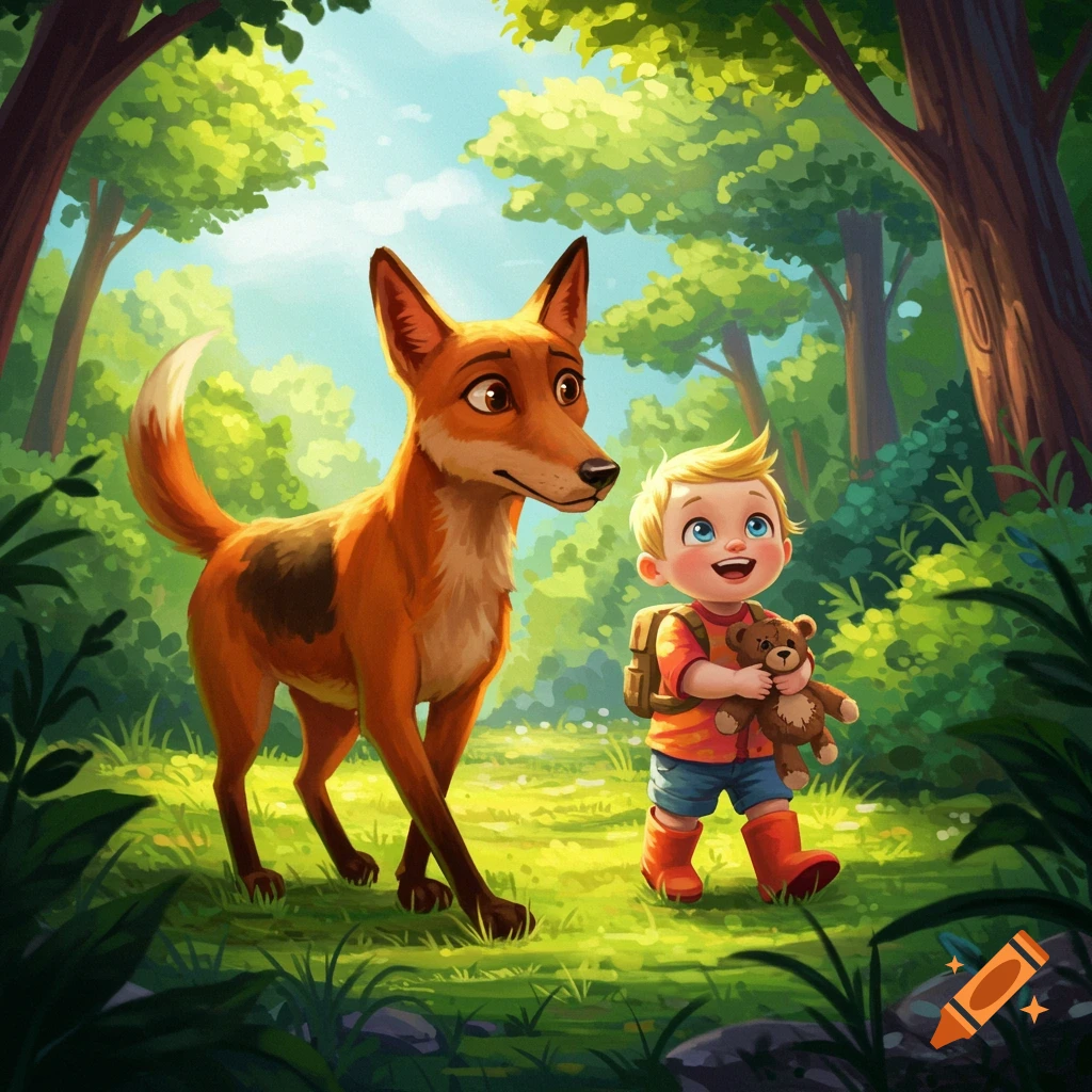 Cartoon boy with a teddy bear and backpack walking with a fox in a forest.