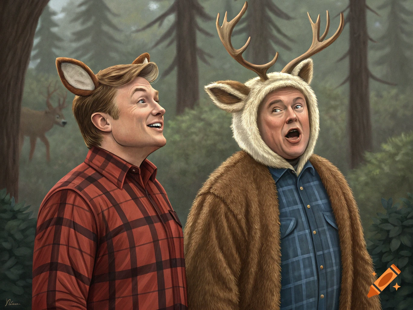 Illustrative image of two men in deer costumes in a forest.
