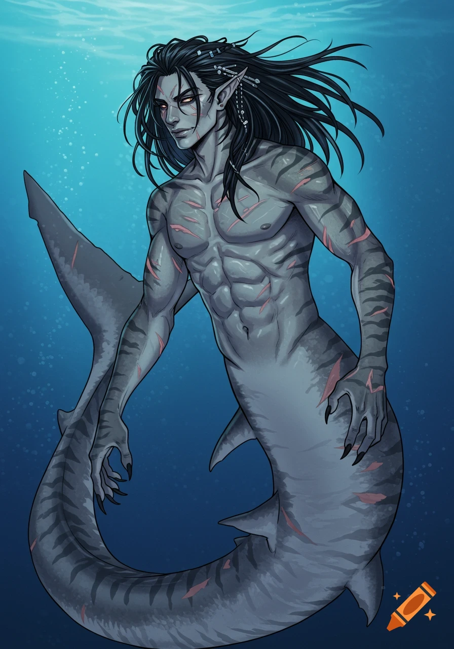 Illustration of a muscular male merman with a tiger shark tail and claws, underwater.