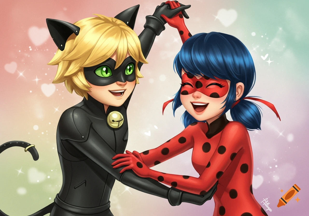 Cartoon style illustration of Chat Noir and Ladybug dancing happily.
