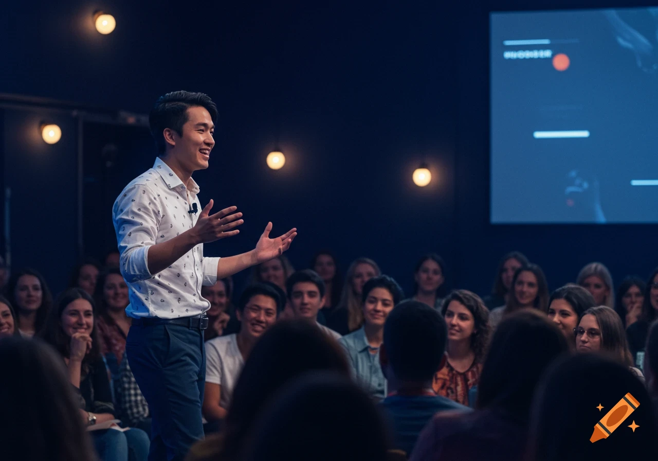 A young man speaks on stage to a seated audience in a darkened room with lights.