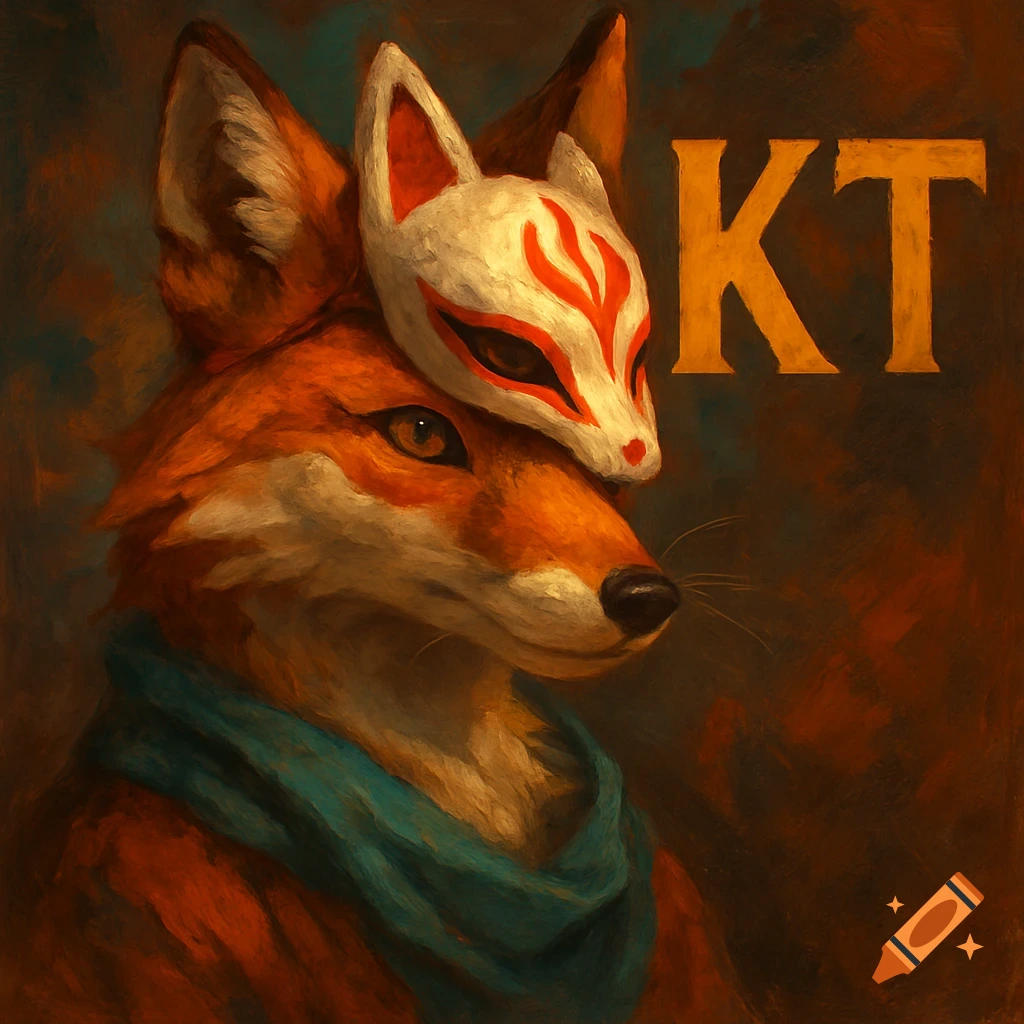 Painterly portrait of a fox wearing a kitsune mask and blue scarf, with KT letters.