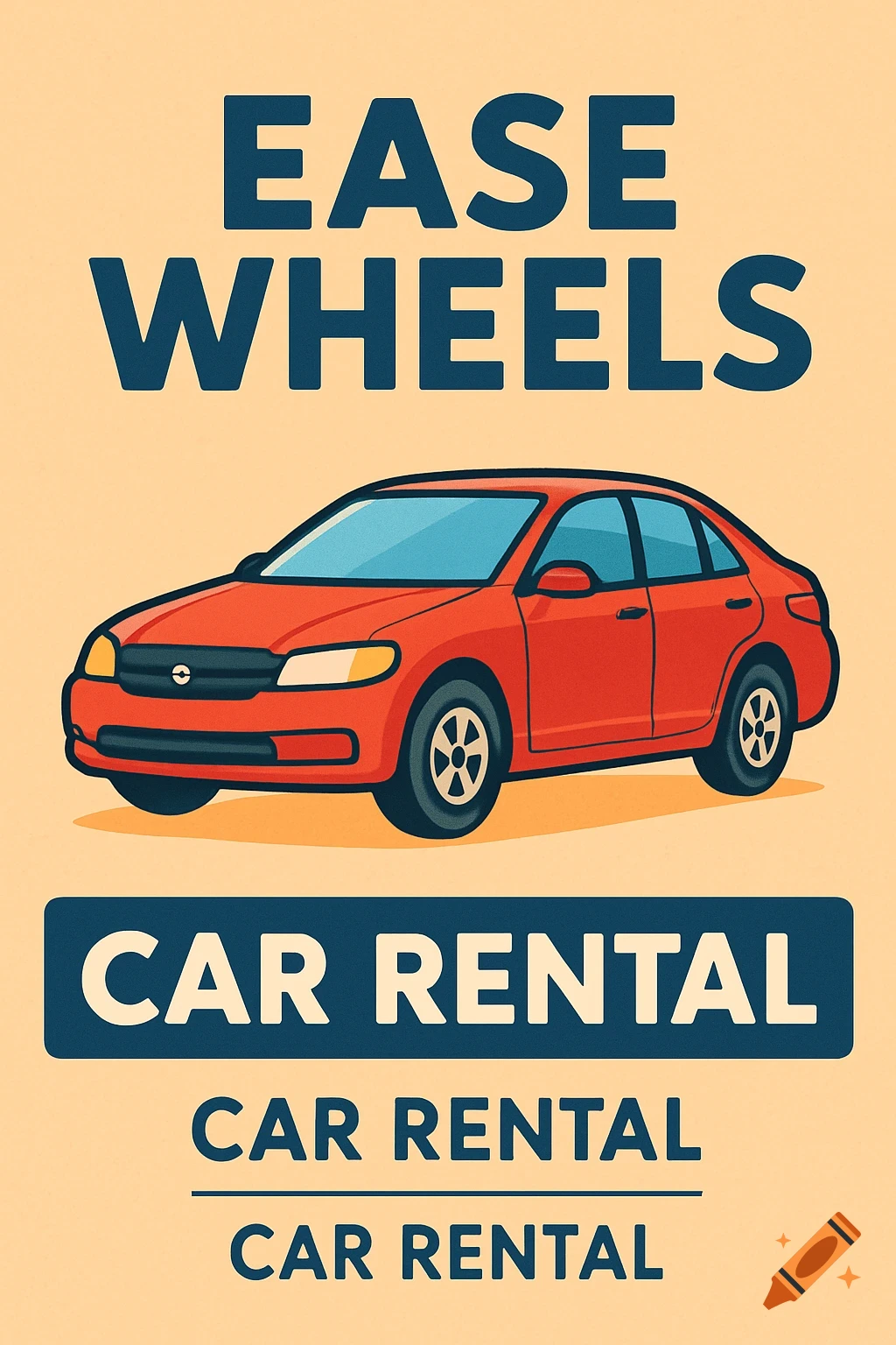 Poster with text 'Ease Wheels Car Rental' and a red illustrated car.