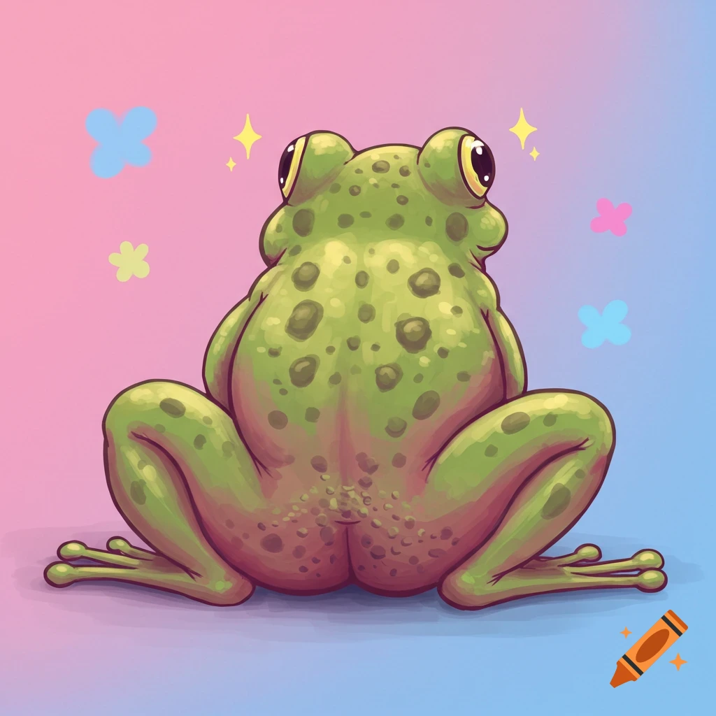 Illustration of a green frog sitting from the back on a pink and blue background with stylized flowers and stars.