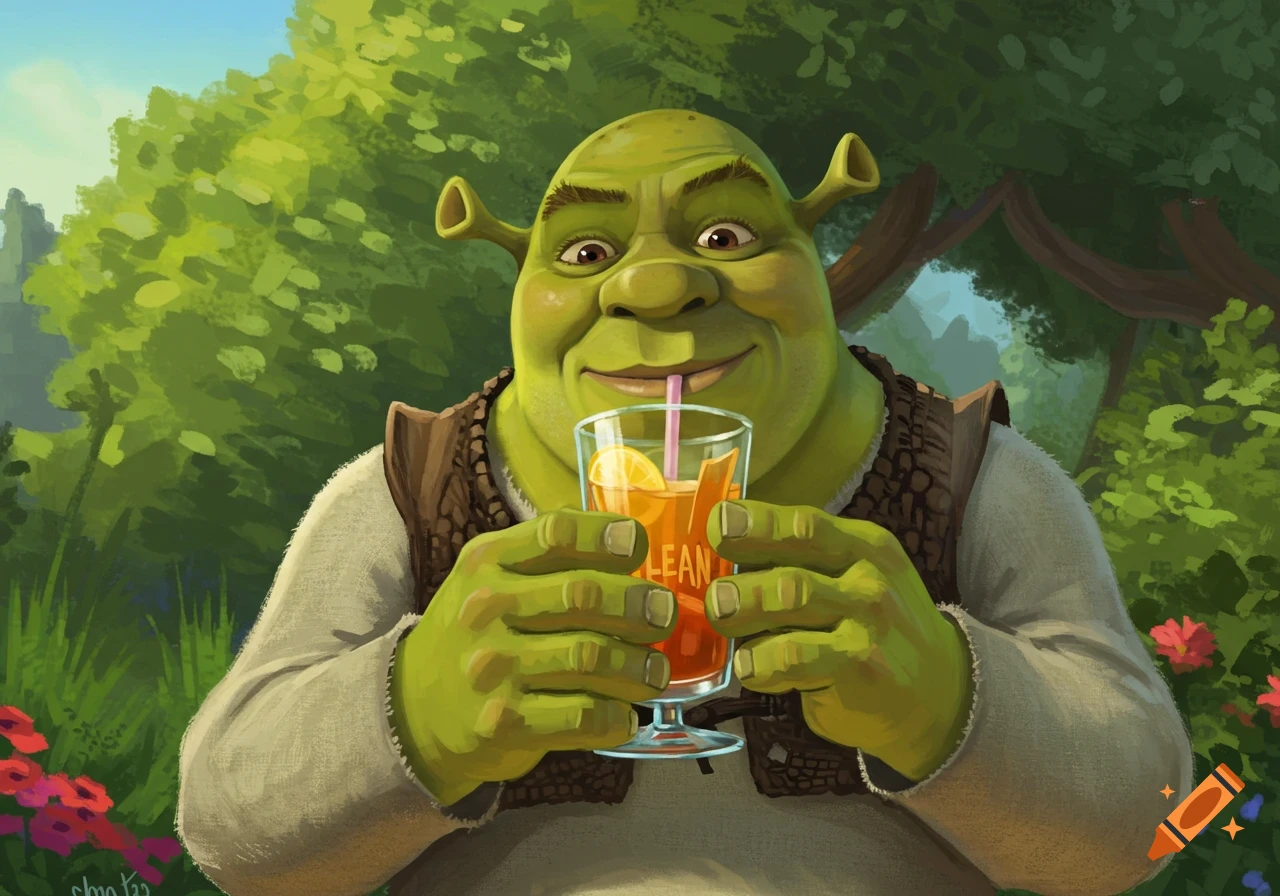 Shrek sips a drink from a glass with text on it, outdoors in a forest clearing.