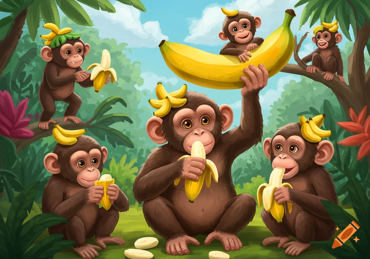 Cartoon chimpanzees play with bananas in a jungle.