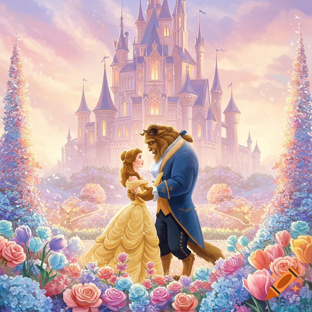 Belle and the Beast stand in a vibrant pastel flower garden before a large fairytale castle.