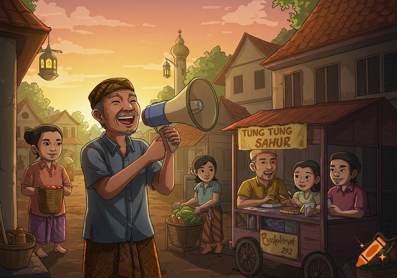 Illustration of a man using a megaphone to announce Sahur in a village scene with food carts and people.