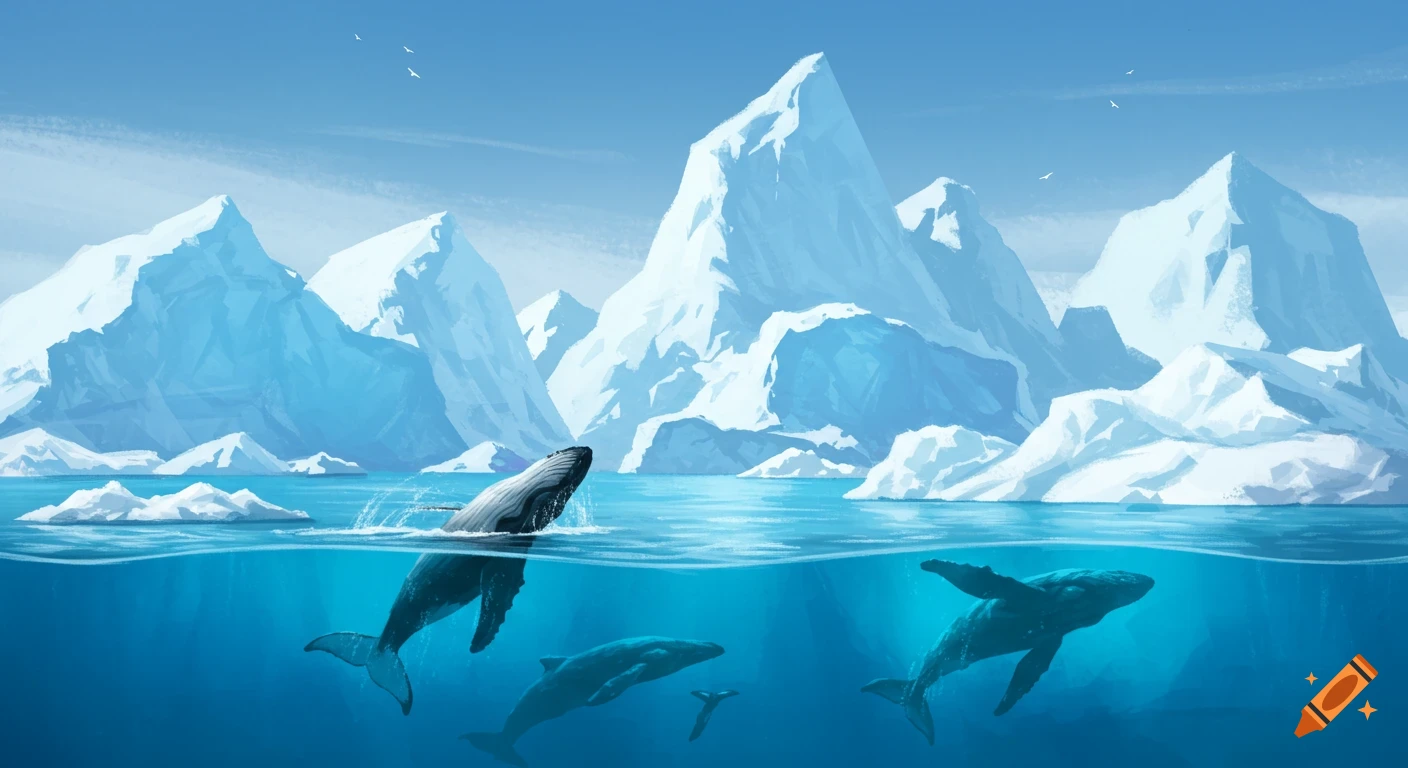 Digital illustration of whales swimming near icebergs in clear blue water. One whale is breaching the surface.