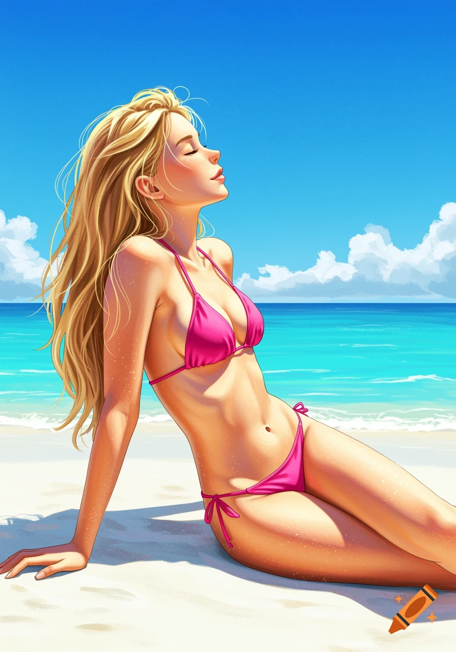 Digital illustration of a blonde woman in a pink bikini sunbathing on a beach.