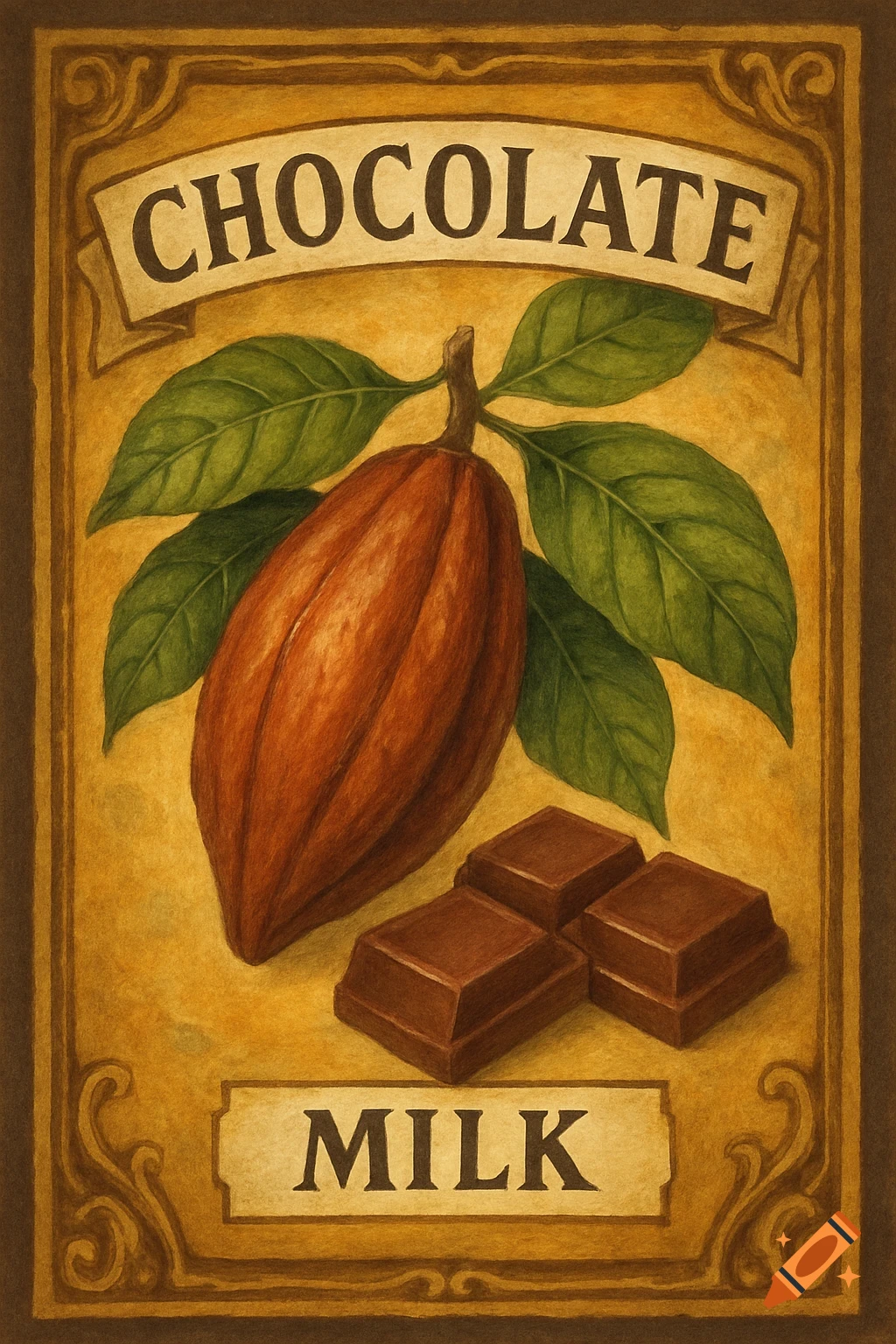 Vintage illustration of a cocoa pod, chocolate bars, and leaves with text CHOCOLATE MILK