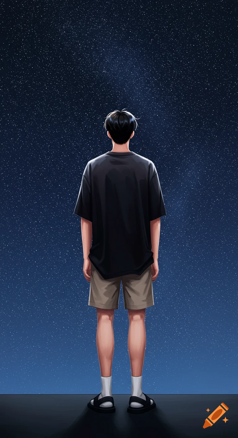 Illustration of a person standing with their back to the viewer, looking up at a vast starry night sky.