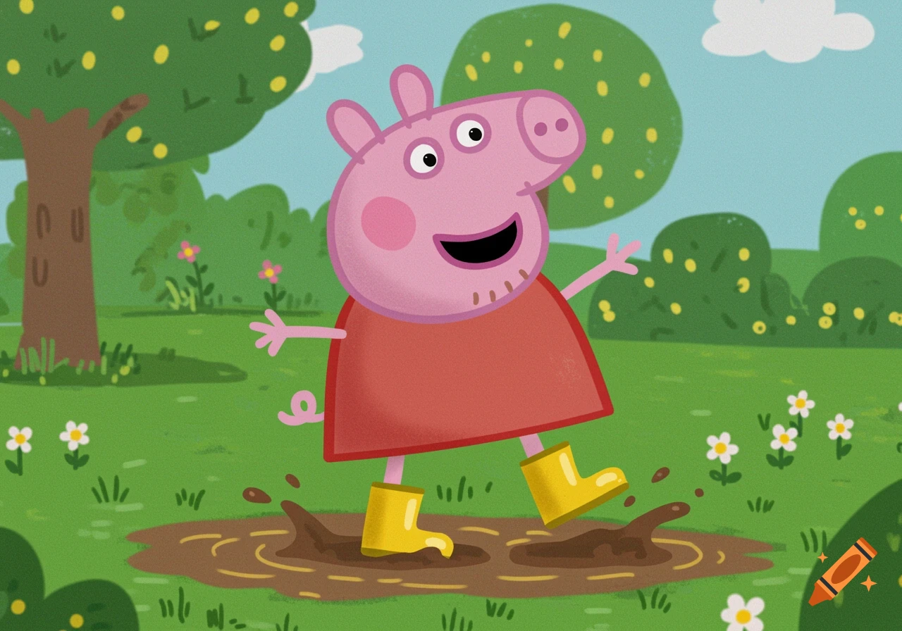 Cartoon Peppa Pig jumps in a muddy puddle in a park.