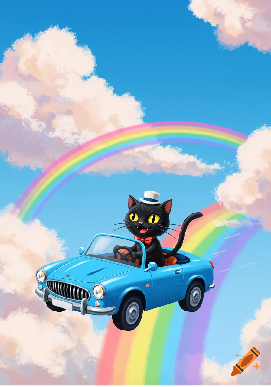 Cartoon black cat drives blue car on a rainbow in the sky. on Craiyon