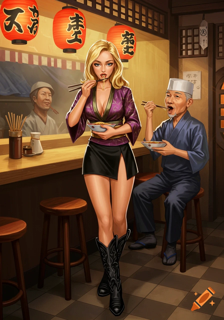 An illustration of a woman eating noodles at a Japanese bar with chopsticks, watched by a chef.