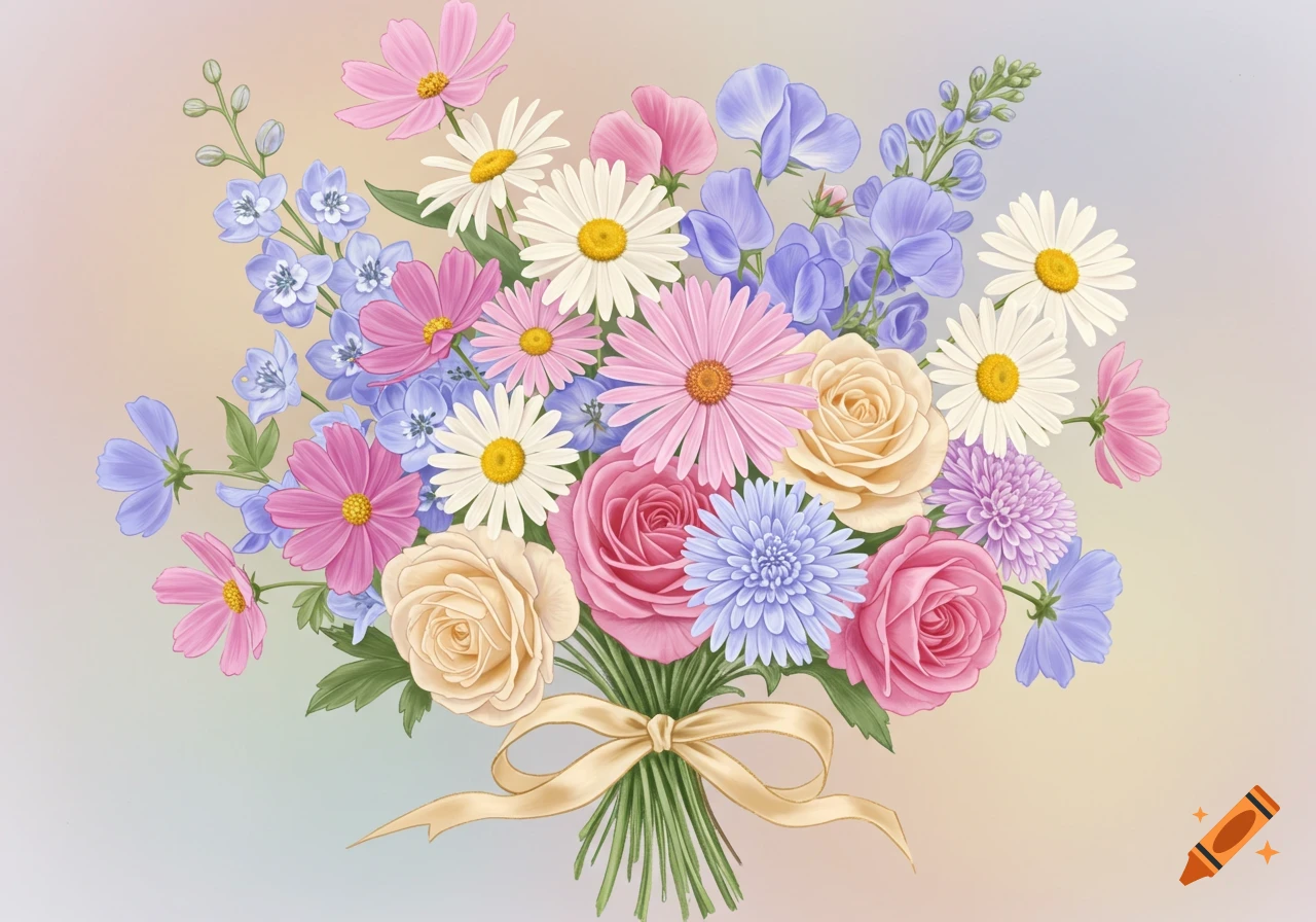 A pastel flower bouquet tied with a gold ribbon.