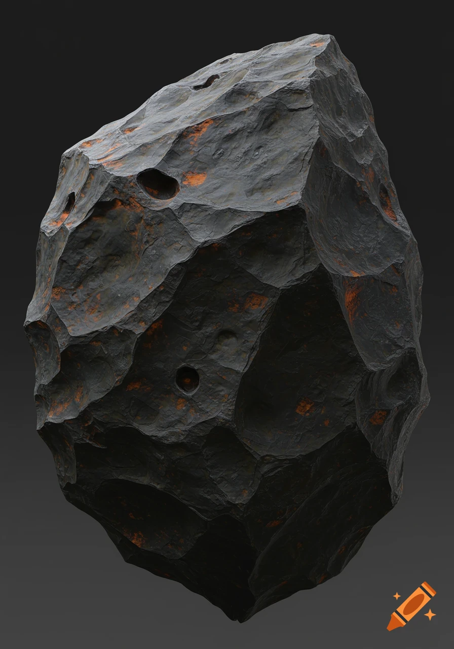 A dark, angular igneous rock with orange rust spots