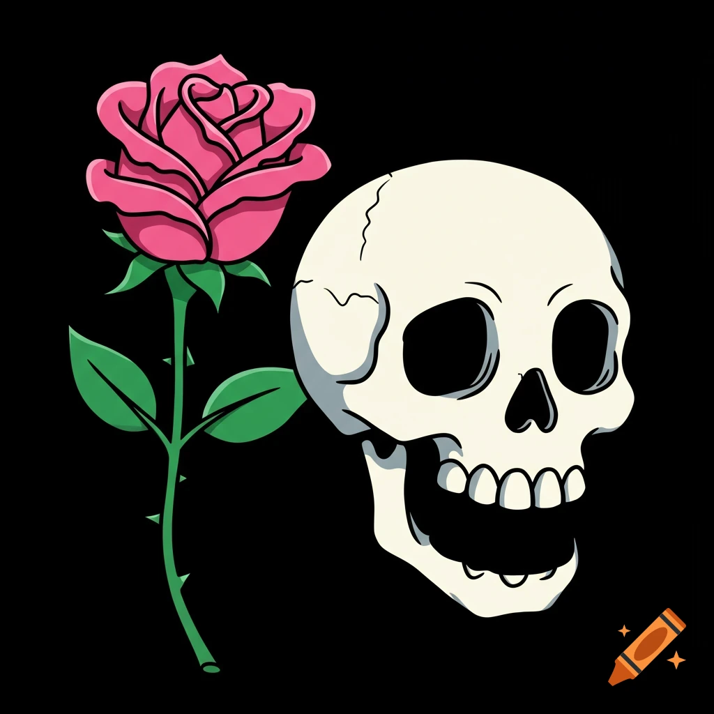 Cartoon skull and pink rose illustration on black