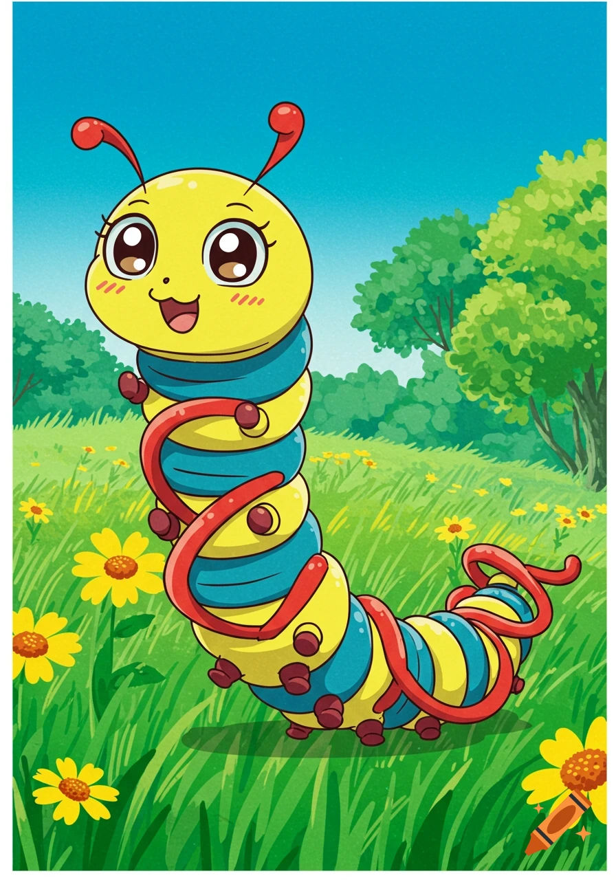 Cute cartoon yellow and blue caterpillar with red helix band in a grassy field with flowers under a blue sky.