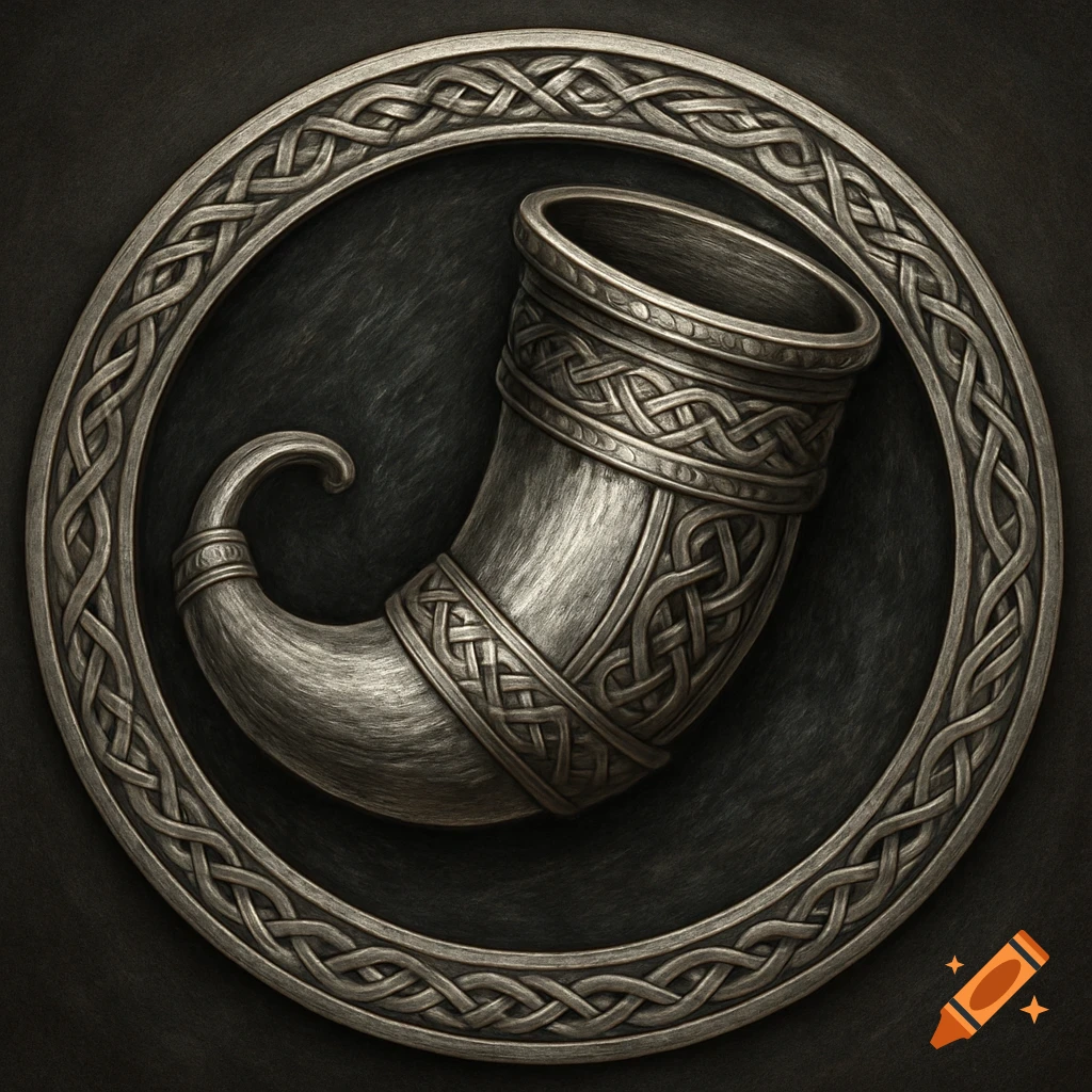 A silver horn with intricate knotwork inside a circular frame with knotwork on a dark background.