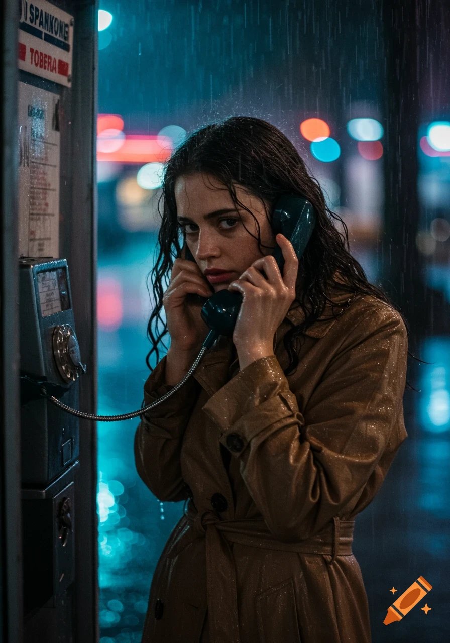 Woman in a trench coat using a payphone in the rain at night.