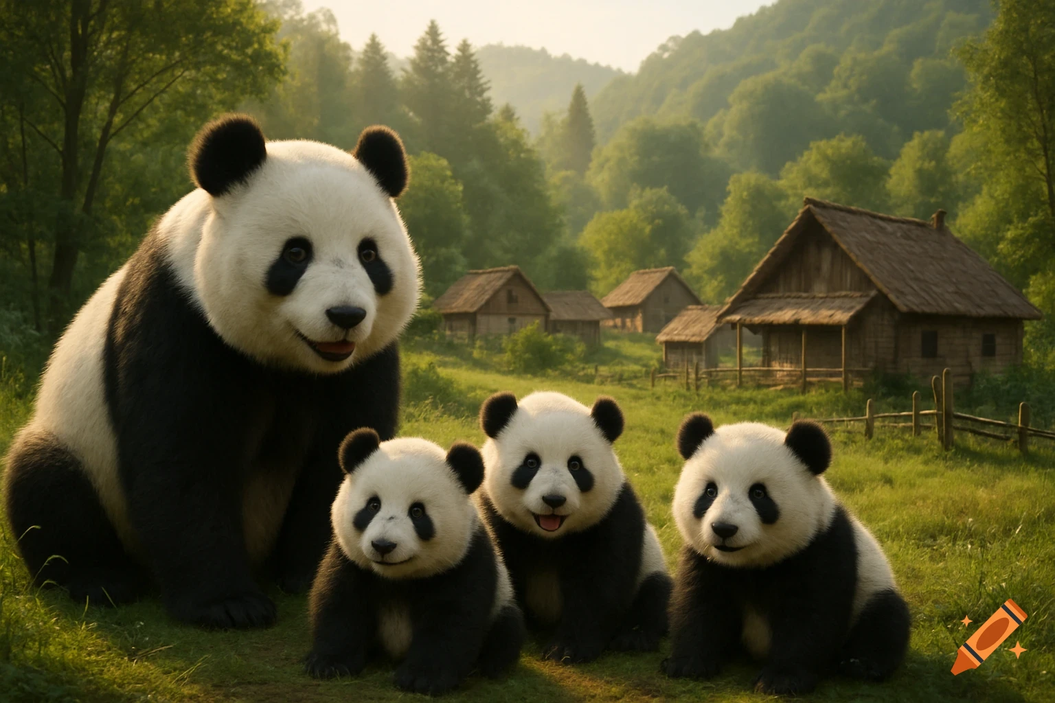 A realistic image of a large panda and three panda cubs sitting in a grassy field with rural houses and trees in the background.