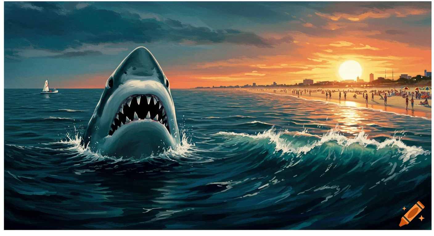 A large shark emerges from the water near a crowded beach at sunset with a boat in the distance, painting style.