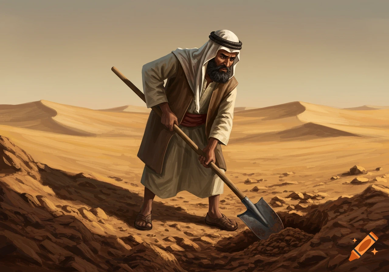 A man in traditional clothing digs with a shovel in a desert landscape.