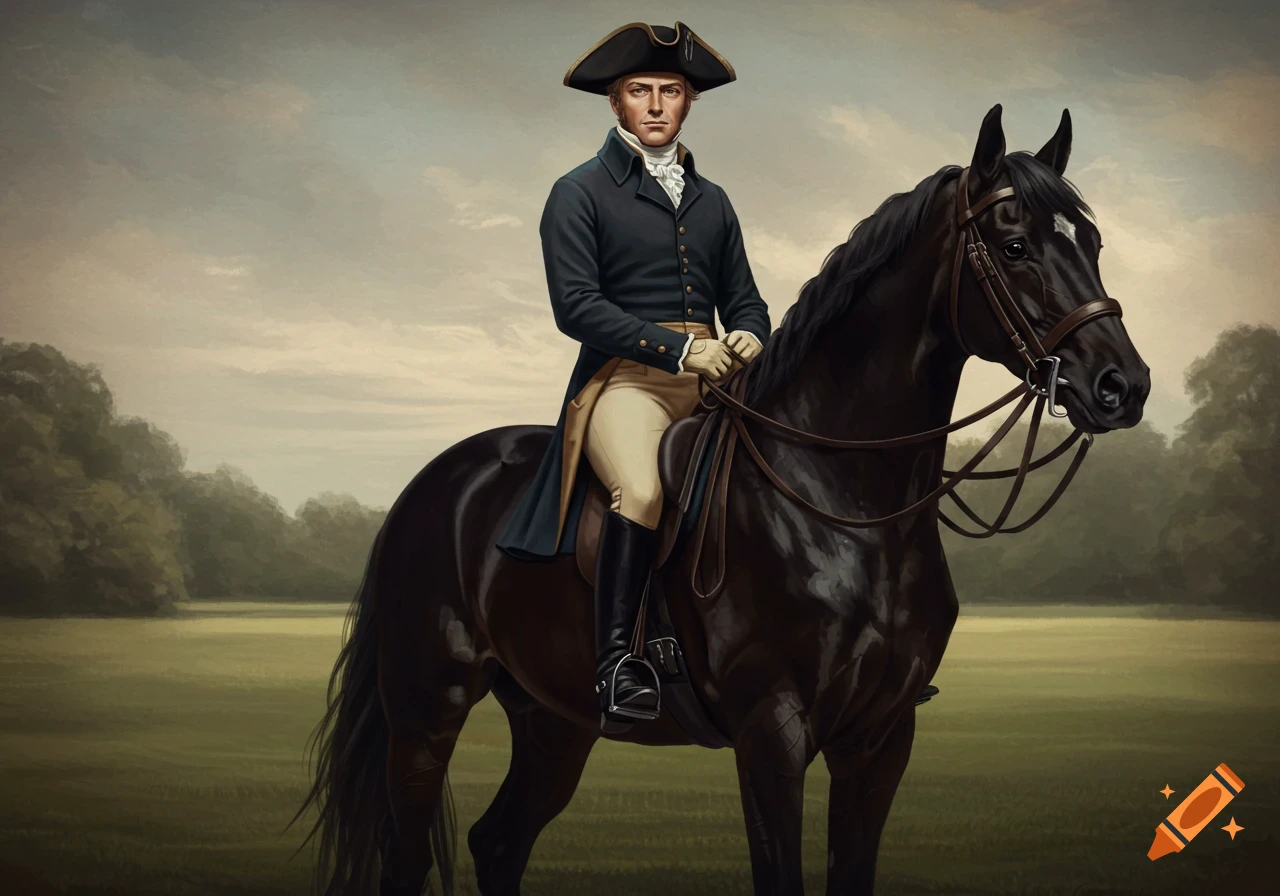 A man in a tricorn hat and coat rides a black horse in a field, in the style of a painting.
